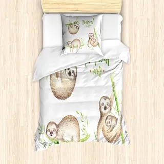 ABAKUHAUS Faultier Mantele, Babys Palmblätter, Milbensicher Allergiker geeignet mit Kissenbezügen, 135 cm x 200 cm - 80 x 80 cm, Pale Braun Grün