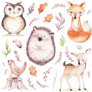 Wallfluent Wandaufkleber 100x118cm - Waldtiere , Multicolor , Kunststoff , Rechteckig , 100x118x0.1 cm , Tapeten & Wandverkleidungen, Wandtattoos & Sticker, Wandtattoos
