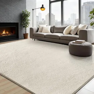 Flauschiger Wohnzimmerteppich, großer Teppich für Schlafzimmer, waschbarer Shaggy-Teppich mit rutschfester Unterseite, moderner Innenraumteppich für Arbeitszimmer, Jugendzimmer,200x230 cm, Cremeweiß