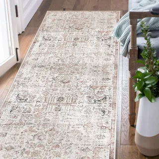 TOPICK Läufer 60x180cm Rot Teppiche Vintage Teppichläufer Flur Retro Faltbar Dünner Waschbar Teppich Multi Floral Boho rutschfeste für Innenbereich Badezimmer Küche Schlafzimmer Wohnzimmer