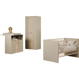 trendteam smart living - Berry - Babyzimmer Komplett-Set - Beige/Eiche - modernes Babyzimmer-Set bestehend aus Kleiderschrank, Babybett und Wickelkommode - Bett höhenverstellbar von 19 auf 51,8 cm