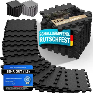 MONZANA® 18x Bodenschutzmatten Fitness & Pool mit Randstücken 30 x 30 cm 1,5 qm Rutschfest EVA-Schaumstoff Puzzlematte Trainingsmatten Fitnessgeräte - Schwarz