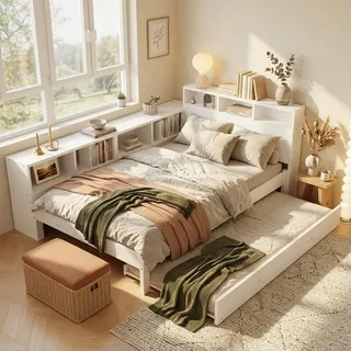 Merax Kinderbett Funktionsbett 120x200 cm mit Ausziehbett 90x190 cm, Holzbett mit Stauraumregal und Kopfteilablage, Jugendbett mit Ladestation, Weiß - Weiß