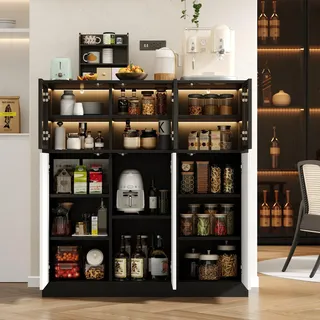 Fortuna Lai Sideboard,Küchenschrank, Aufbewahrungsschrank. Geeignet für Wohnzimmer, Küche, Esszimmer, mit Beleuchtung, 3 Glastüren, 3 weiße Türen, 100 x 40 x 105 cm