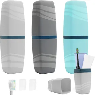 Pumuky 3 Stück Zahnbürsten Etui,Reisezahnbürsten Box,Reise Wasser Becher Set,Portable Zahnputzbecher Reisen für Camping,Schule,Reisen (Blau/Grau/Schwarz)