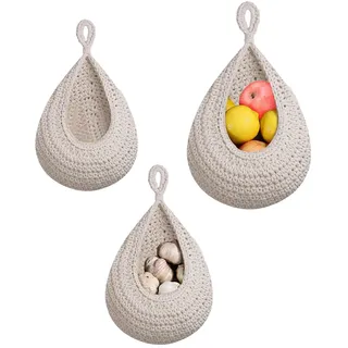Hängende Wandkörbe, 3 Stück Hängekorb Küche, Wandhängender Obstkorb, Aufbewahrungskorb Geflochten, Hängekorb, für Küchendekoration, Wohnzimmer, Bad, Obstkorb Hängend Jute (Weiß-3)