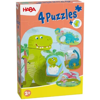 HABA 4 Erste Puzzles – Dinosaurier-Puzzle ab 2 Jahren mit 4 Motiven & beidseitiger Holzfigur – Fördert Kreativität & Fantasie – 2012186002