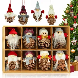 KAZATE Weihnachtswichtel Anhänger Christbaumschmuck, 8 Stück Tannenzapfen Wichtel Weihnachtsdeko Set, Weihnachtsbaumschmuck Kleine Wichtel Figuren Deko Basteln Vintage Anhänger