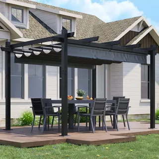 JUMMICO Pergola 3x4m mit verstellbarem Sonnendach, Freistehende Terrassenüberdachung aus Aluminium, Wasserdichtes & Stabiles Pavillon mit PC-Platten und Magnetbefestigung, Winterfest