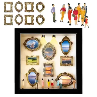 DIY Mini Museum Silhouette Box, Foto Erinnerungsanzeige Set mit 8 Mini Goldene Rahmen & 8 Zufällig Figuren, Kreativer Bilderrahmen mit LED Licht, Idee für Jahrestag Geschenke Freunde