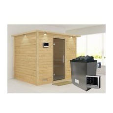KARIBU Sauna »Paldiski«, inkl. 9 kW Saunaofen mit externer Steuerung, für 4 Personen - beige