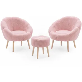Hanah Home Elegantes Ohrensessel- und Pouf-Set (3-teilig), Rosa, 100% Wellssoft-Stoff, 18 mm Melaminplatte | Perfekt für gemütliche Wohnräume