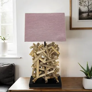 Design Tischleuchte Treibholz Stoffschirm Tischlampe Wohnzimmer Schlafzimmer