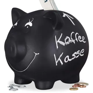 Relaxdays Sparschwein, zum Beschriften, Keramik, Kreide, Hochzeit, Geburtstag, Taufe, Spardose, 14 x 17 x 13 cm, schwarz
