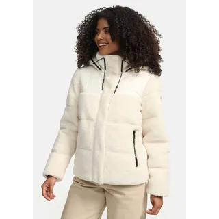 Marikoo Damen Winterjacke (XS-XXL) - hochstehender und gefütterter Kragen, 4 Taschen, große Kapuze, Teddy-Puffer-Jacke, Warme Jacke Frauen - N030 (L, Offwhite) - L