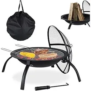 XL Feuerschale, mit Tasche, Grill Rost, Schürhaken, Funkenschutz Deckel, Garten, Terrasse, D 56,5 cm, schwarz