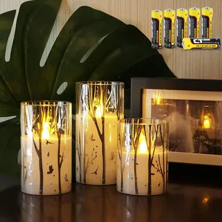 Rhytsing flammenlose Kerzen im Glas Birke Design, 3 Glaswindlichter mit 24 Stunden Timer, warmweiße Licht mit Batterien enthalten