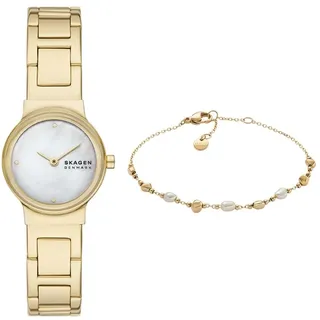 Skagen Damen Freja Lille Goldfarbener Edelstahl Uhr und Agnethe Perle Armband, Set