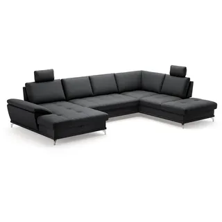 Cavadore Wohnlandschaft Castiel mit Federkern / Sofalandschaft mit XL-Longchair, Sitztiefenverstellung, Kopfstützen und satinierten Metallfüßen / 363 x 89-104 x 223 / Echtleder, Schwarz