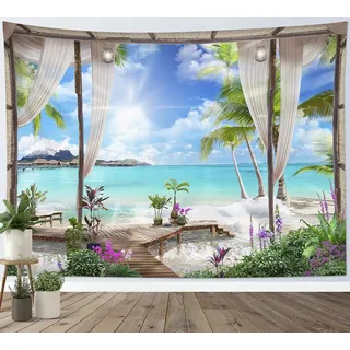LB Wandteppich 150x100cm- Sommer Hawaii Deko Wohnzimmer- Wandtuch Blaugrün Meer Tropische Strand- Wandbehang Landschaft für Schlafzimmer Garten Büro Kinderzimmer Wanddeko