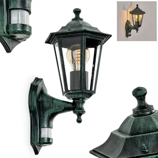 HOFSTEIN Außenwandleuchte Loria, Außenwandlampe mit Bewegungsmelder aus Metall/Glas in Schwarz-Grün/Klar, Wandleuchte Up im Retro/Vintage/Landhaus-Design, E27, IP44, Eingangsbereich, Terrasse, Haustür