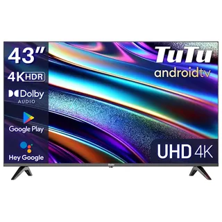 TuTu TUS43UQ1A Smart TV 43 Zoll (108 cm) 4K UHD LED Fernseher Android TV mit WLAN, HDR, Triple Tuner DVB-C/S/S2/T/T2, Bluetooth, Prime Video, Netflix, YouTube, DAZN, Disney+