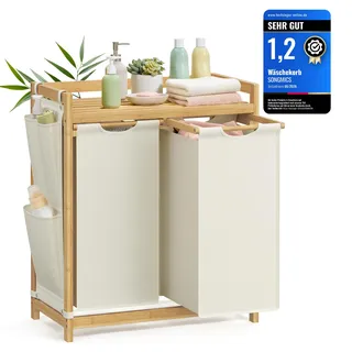 Songmics Wäschekorb 2 Fächer, Bambus, Wäschesortierer, 100 L