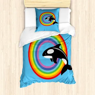 ABAKUHAUS Wal Mantele, Regenbogen-Runde und Wal, Milbensicher Allergiker geeignet mit Kissenbezügen, 135 cm x 200 cm - 80 x 80 cm, Mehrfarbig