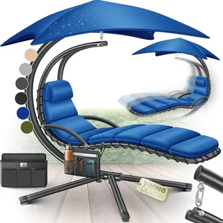 KESSER® Schwebeliege mit Sonnenschirm, Hängeliege , Sonnenliege H200, L194, B100 cm, Relaxliege, Schaukelliege Hängematte , bis 120 kg belastbar , Schaukelliege, Auflagen - Nackenkissen - Blau