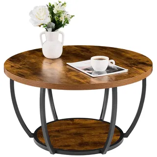Vevor Couchtisch Beistelltisch rund, zweistufiger Beistelltisch Sofatisch mit Metallgestell & offenem Stauraum & 34,9 kg Tragkraft, minimalistischer Wohnzimmertisch Kaffeetisch rustikales Braun