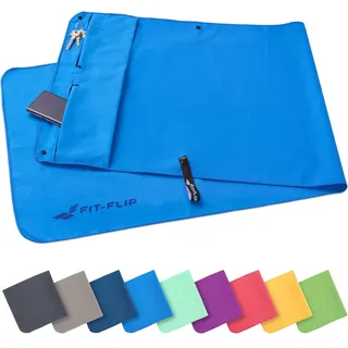 Fit-Flip Fitness Handtuch aus Mikrofaser - mit Magnet und Reißverschluss Tasche - Fitnesshandtuch für Sport und Gym - Kompakt & Schnelltrocknend - Sporthandtuch Fitnessstudio - Blau - 130x48cm