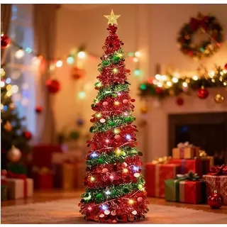 Gachiwar Klappbarer Faltbarer Weihnachtsbaum 150 cm Mit LED Lichterkette Und Top Stern Weihnachtsdeko Set, Spiral Weihnachtsbaum, Pailletten Weihnachtsbaumschmuck Für Zuhause Büro Geschenk
