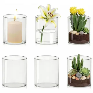 6 Stück Glasvase Zylinder, 8 × 6.5cm Vase Glas für Tischdeko, Multifunktionale Vasen Klein Tischdeko, Frische Blumen, Kerzen und Aromatherapie