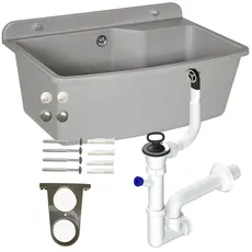 Waschbecken mit Siphon Ausgussbecken aus Kunststoff grau Granit Farbe, 61 cm Länge hängen Wasserinstallation Küche Badezimmer robuste Waschtrog