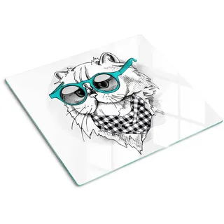 Tulup Glasplatte 60x52 cm Katze mit Brille , Blau , Glas , 60x52 cm , Küchenzubehör, Schneidebretter