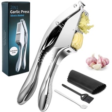 Knoblauchpresse Edelstahl, Yotako 2 in 1 Knoblauchpresse Knoblauchpüree und Knoblauchflocken, Knoblauchschneider mit Reinigungsbürste und Silikonschäler, Garlic Press für Knoblauch, Ingwer,Küchenhilfe