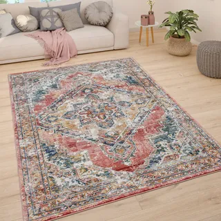 Teppich Wohnzimmer Kurzflor Vintage Pastell Modernes Orientalisches Muster Grösse 60x100 cm - Rot
