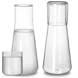 FNG8 Klare Karaffe Glas mit Deckel [2 Stk] - 800 ml Wasserkaraffe Glas mit Trinkbecherdeckel für Nachttisch, Küchentheke, Badezimmer & Schlafzimmer – Wasserkrug Glas für Saft, Kaffee, Tee & Mundwasser