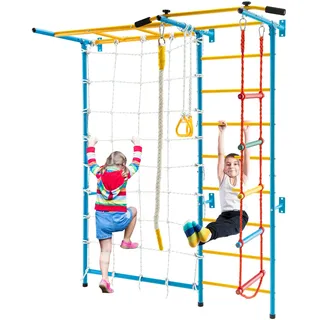 Costway 7 in 1 Sprossenwand Kinderzimmer, Kletterwand aus Metall mit Klimmzugstange, Leiter, Seil & Netzwand, Klettergerüst Indoor, Turnwand für Kinder und Erwachsene, 200 kg Belastbar
