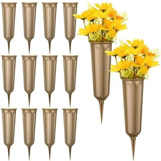 12 Stück Friedhofsvasen mit Spikes Kunststoff Gedenkblumenvasen Grabblumenhalter Kegel im Boden Vasen mit Pfählen für Rasen Grabstein Grabdekoration Künstliche frische Blumen (Bronze)
