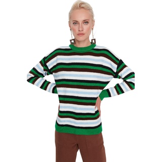 TRENDYOL Damen Pullover mit Rundhalsausschnitt, Gestreift, Oversize Sweatshirt, Smaragdgrün, M