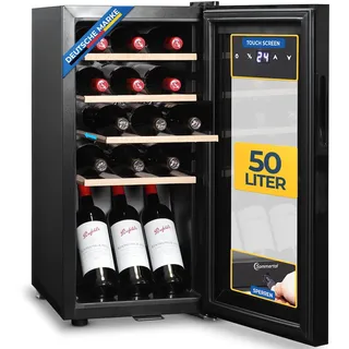 sommertal WK50 Weinkühlschrank | 15 Fl., 5-20°C, Glastür, UV-Schutz, LED | Abschließbar, Touchscreen, 4 Holz-Einlegeböden, leise, freistehend, für Rotwein, Weißwein, Sekt & Rosé