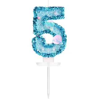 KINBOM 7,5cm Geburtstag Nummer Kerzen, Glitzer Zahlenkerze Blau Kuchenzahlenkerzen Muschel Pailletten Zahlenkerzen für torte Geburtstag Jubiläum Meerjungfrauen-Mottoparty (Zahl 5)