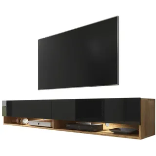 Selsey Wander - TV-Board/Fernsehschrank für Wohnzimmer hängend/stehend, optional mit LED, 180 cm breit (Holzoptik Wotan Eiche/Schwarz Hochglanz, mit LED)