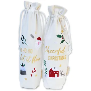 Papierdrachen Flaschenverpackung Weihnachten 2025 - Stoffbeutel in Beige mit hochwertiger Stickerei - Geschenkverpackung für Wein & Sektflaschen