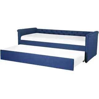 Beliani Bett, Libourne 80 x 200 cm Ausziehbar Leinenoptik Mit Lattenrost Knopfverzierung Praktisch Modern - Blau