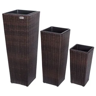 CASARIA® Blumentopf 3er Set Polyrattangeflecht Übertopf Wasserabfluss Rattanoptik Outdoor Pflanzkübel Blumenkasten Braun