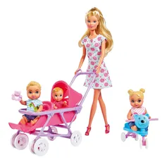 Simba 105736350 - Steffi Love Baby World Puppe, mit 3 Babys, Bett, Kinderwagen, Hochstuhl, Babyschale und viel Zubehör, 29cm, ab 3 Jahre