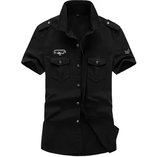 Gihuo Herren-Hemd, kurzärmelig, Militär-Stil, Knopfleiste, taktisches Hemd, Utility-Cargo-Arbeits-Uniform, Oberteil, Schwarz, L