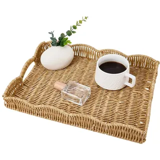 CREATCABIN Serviertablett Rattan Mit Griff Gewelltem Rand Rechteckiges Serviertablett Weide Handgeflochtene Dekorative Flache Weidenkörbe Für Frühstück Brot Obst Couchtisch Küche Esszimmer Badezimmer